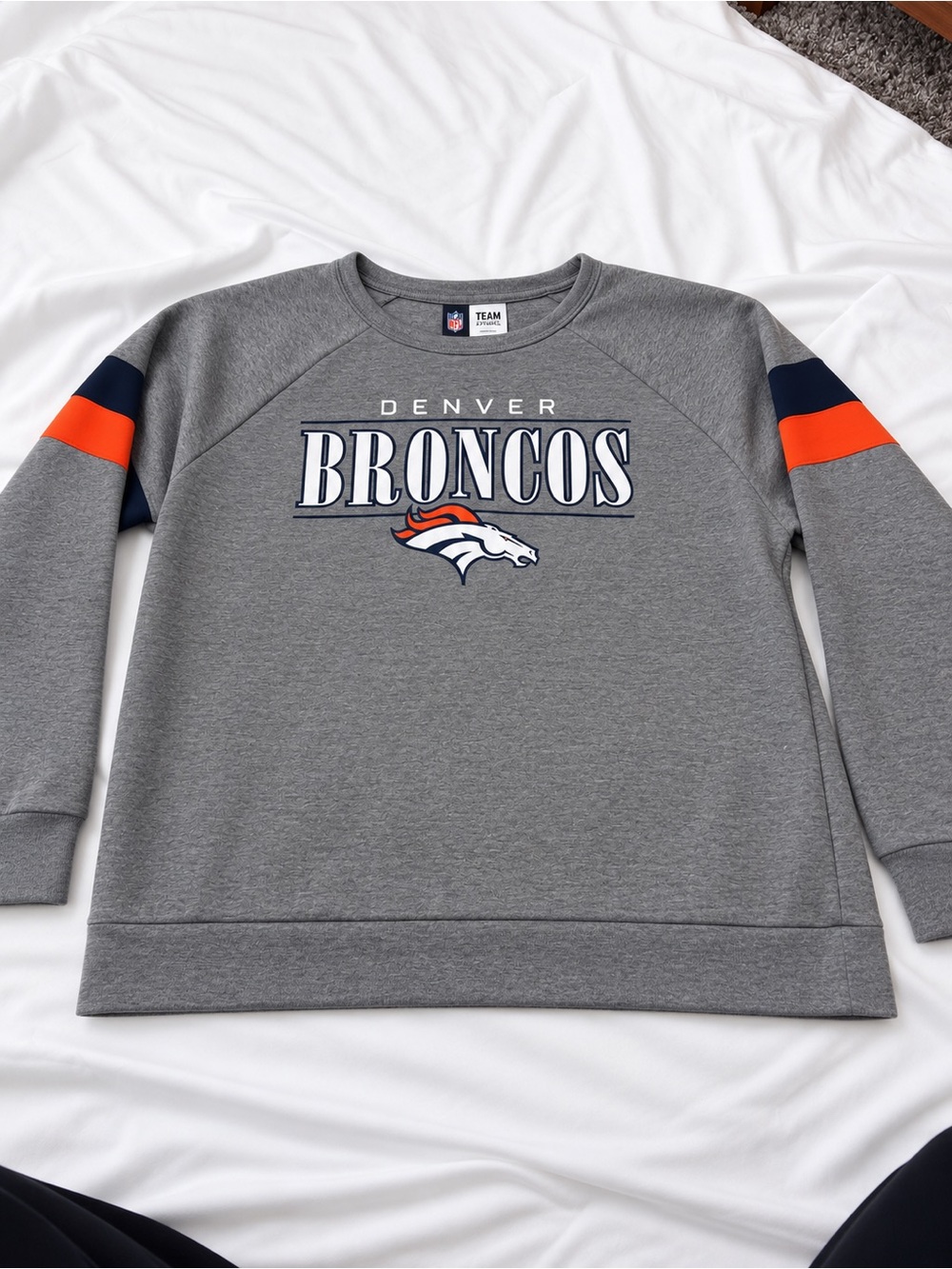 NFL Denver Broncos Gray Crew Sweatshirt with Orange and Navy Sleeve Stripes
